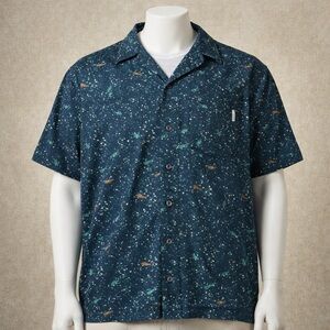 Columbia PFG Fishing Shirt Large Blue Fish Print Vented Short Sleeve Outdoor